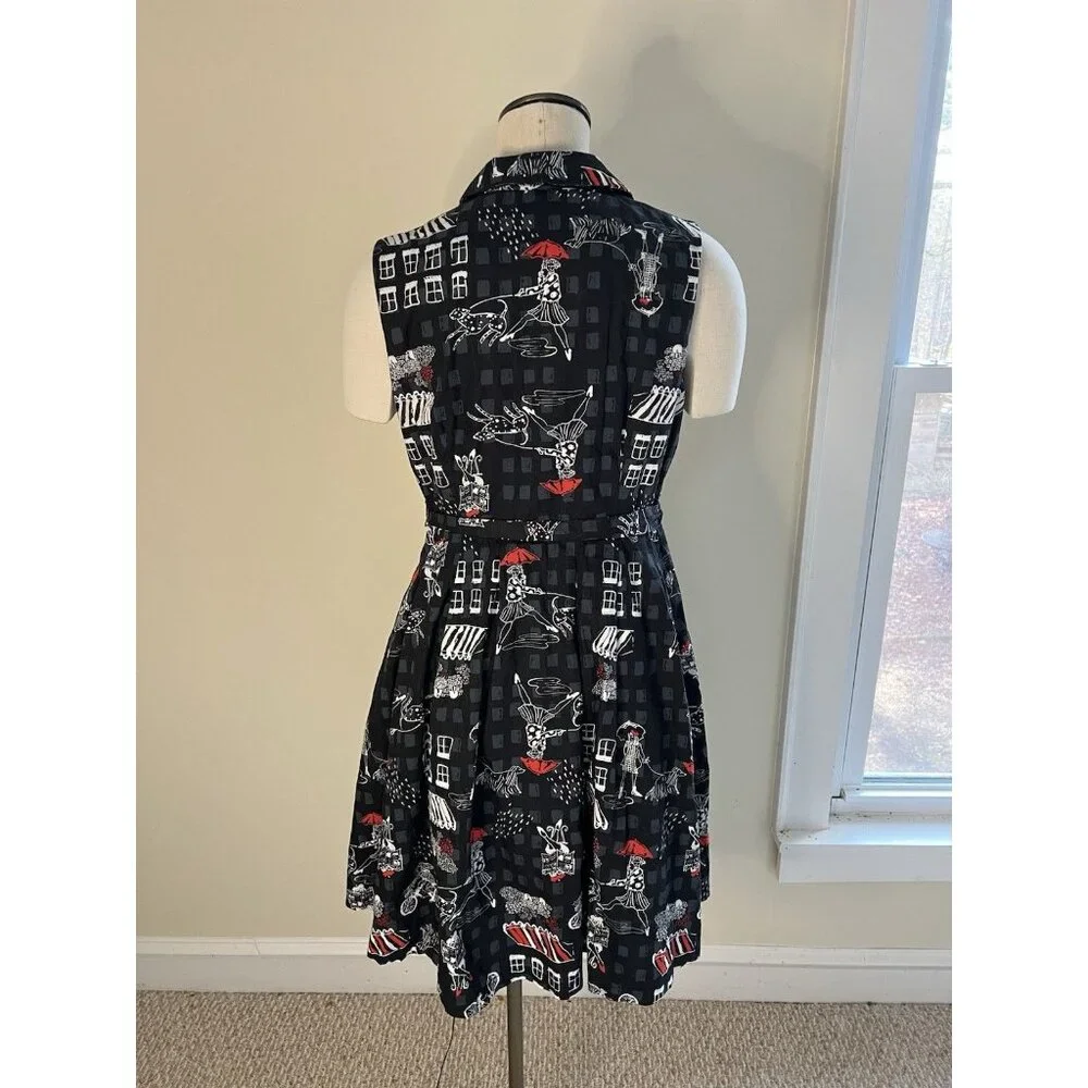 ModCloth Dress L Black Cotton Button Front Fit & Flare Novelty Print Belted - Picture 5 of 11